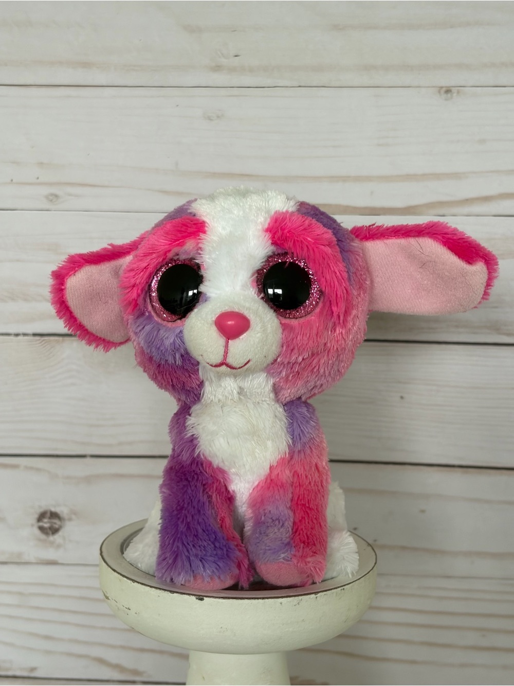Plush Pink, Purple & White Puppy Stuffed Animal - Soft Cuddly Toy